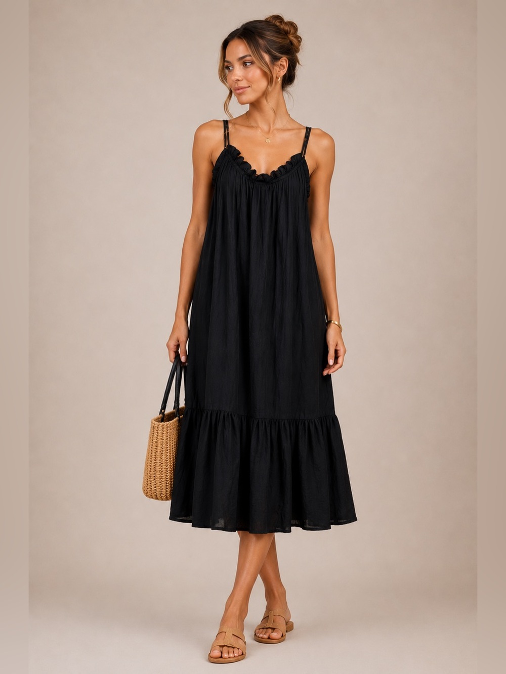 J.Crew Black Cotton Midi Dress Strappy Tiered Flowy Casual Resort S/M